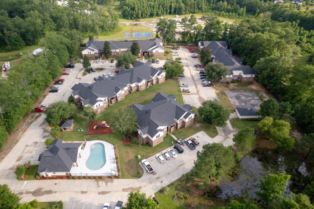 Drone view of Alabaster Bay Apartments in Dothan AL after replacement of GAF Timberline HDZ Shingles #4