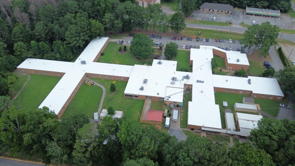 Aerial View PVC Roof at Lake City Nursing & Rehab Center after Phase 1 Completion