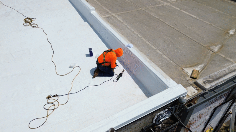 Drone view of a TPO roof being constructed at Marianna Law Office