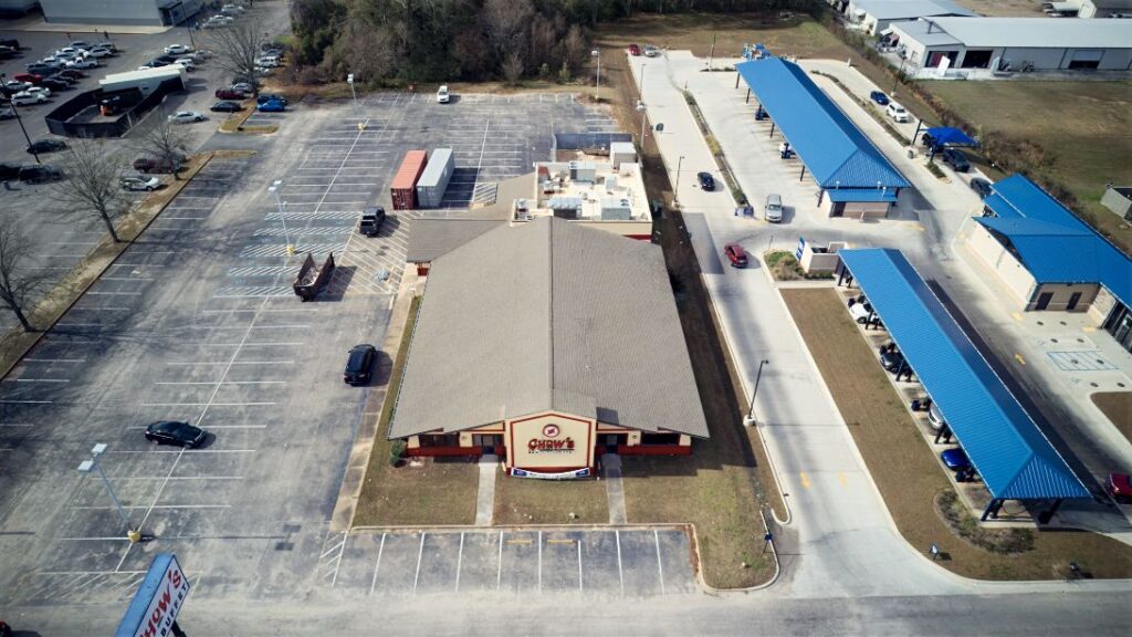 East Aerial View of GAF Asphalt Roof Replacement at Chow's Country Buffet, Dothan Alabama
