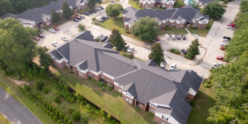 Drone view of Alabaster Bay Apartments in Dothan AL after replacement of GAF Timberline HDZ Shingles #3