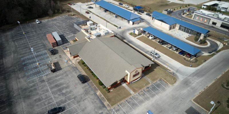 South East Aerial View of GAF Asphalt Roof Replacement at Chow's Country Buffet, Dothan Alabama