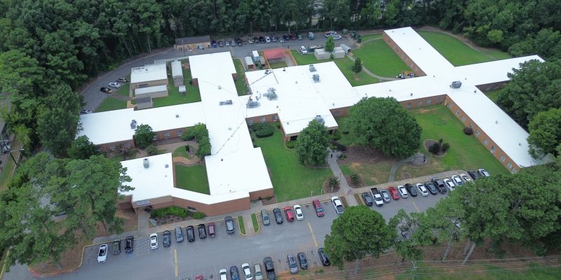 Aerial View PVC Roof at Lake City Nursing & Rehab Center after Phase 1 Completion