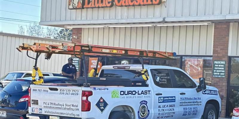 Restoration Commercial Roofing Services at the Front of Little Caesars, Troy, AL