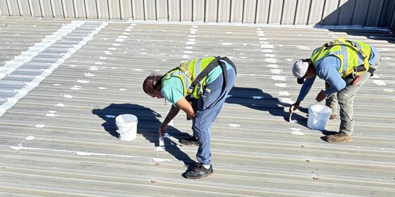 Applying Mastic and Silicone Coating to a Metal Roof at Little Caesars, Troy, AL